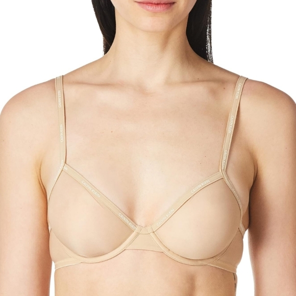 Calvin Klein Sheer Marquisette Demi Unlined mesh Bra tan beige 32D - Picture 1 of 7